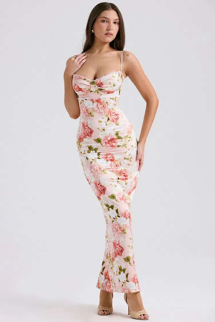 House of CB Josefina Satin Maxi Dress Pink Peony Floral Print Size S / AU 8 - Image 4