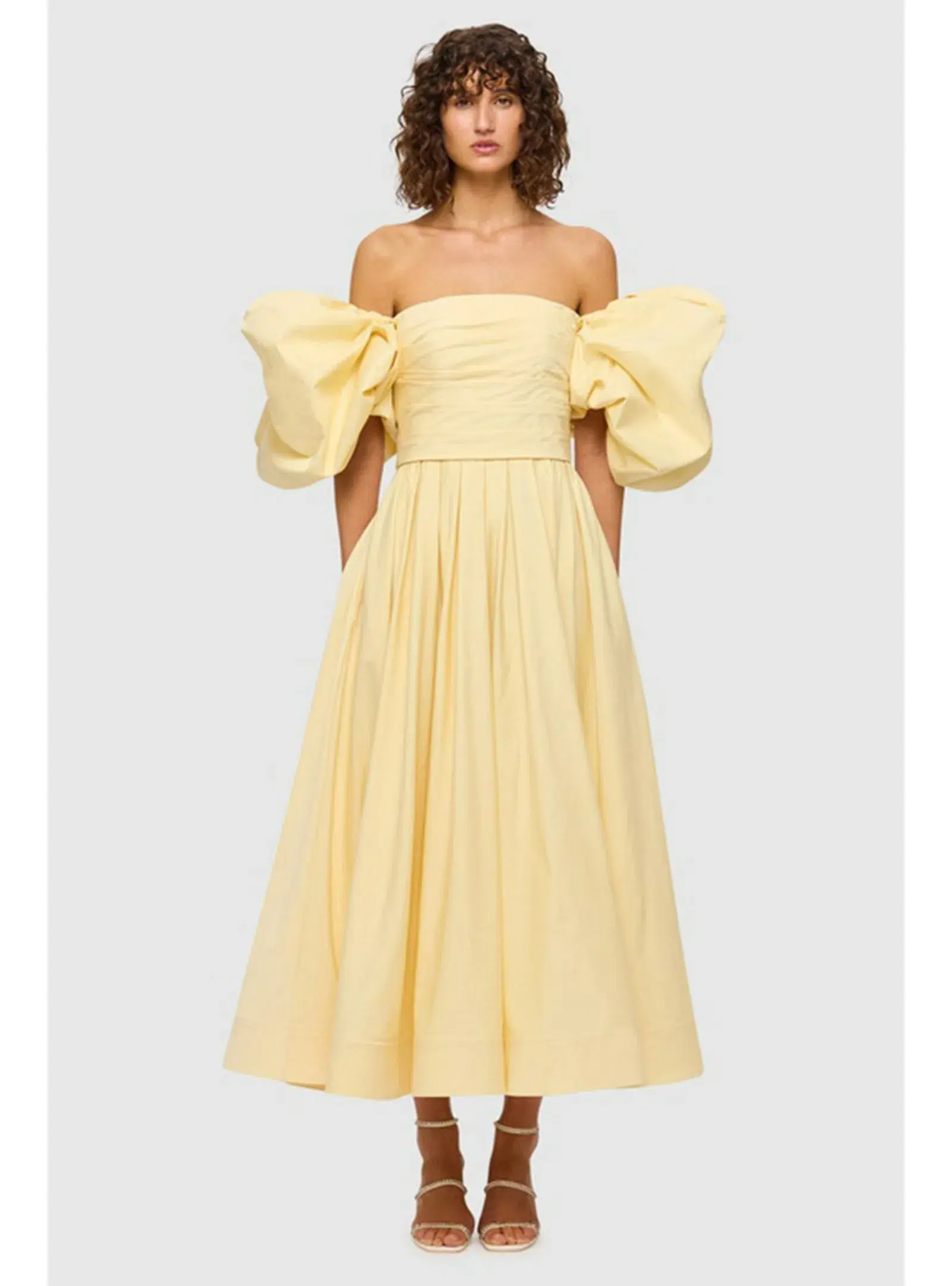 Leo Lin Matilda Puff Sleeve Midi Dress in Lemon Size AU 8 - Image 1