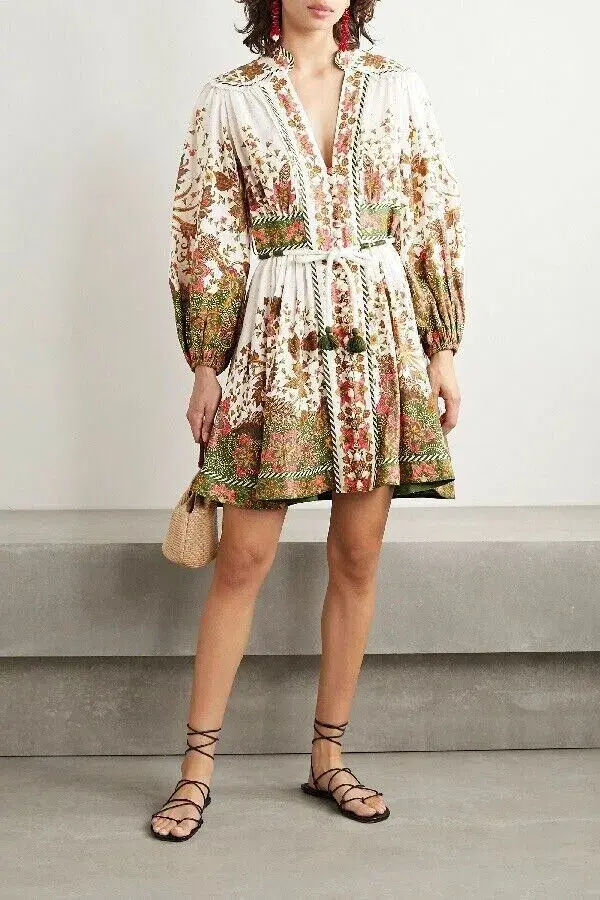 Zimmermann Empire Batik Mini Dress Khaki/Floral Size 3 / AU 14 - Image 1