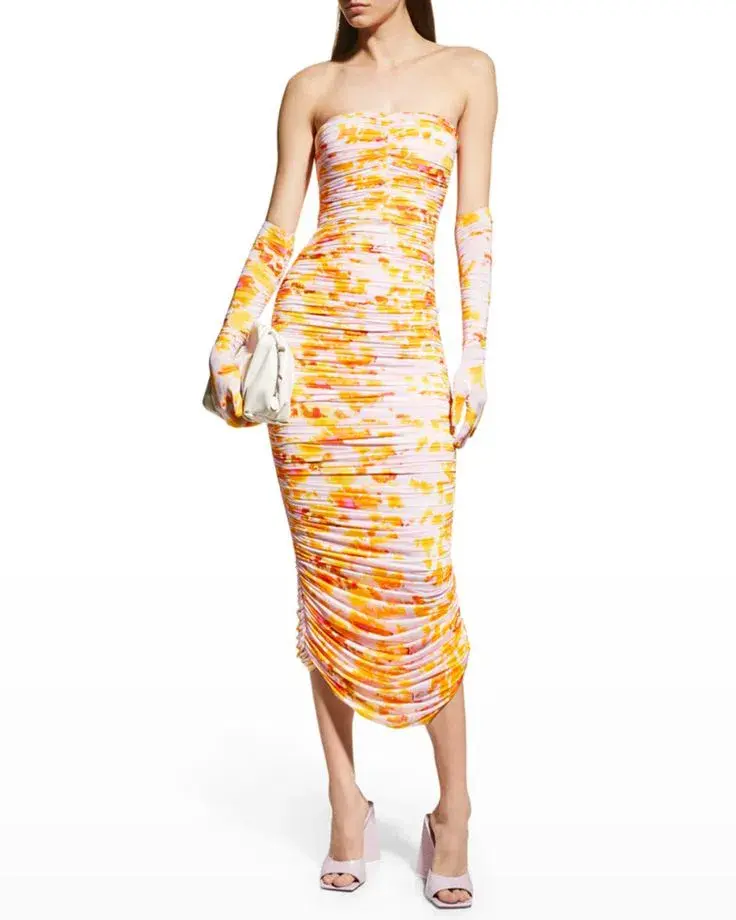 Alex Perry Parton Ruched Strapless Midi Dress with Gloves Multi Size 6AU - Image 1