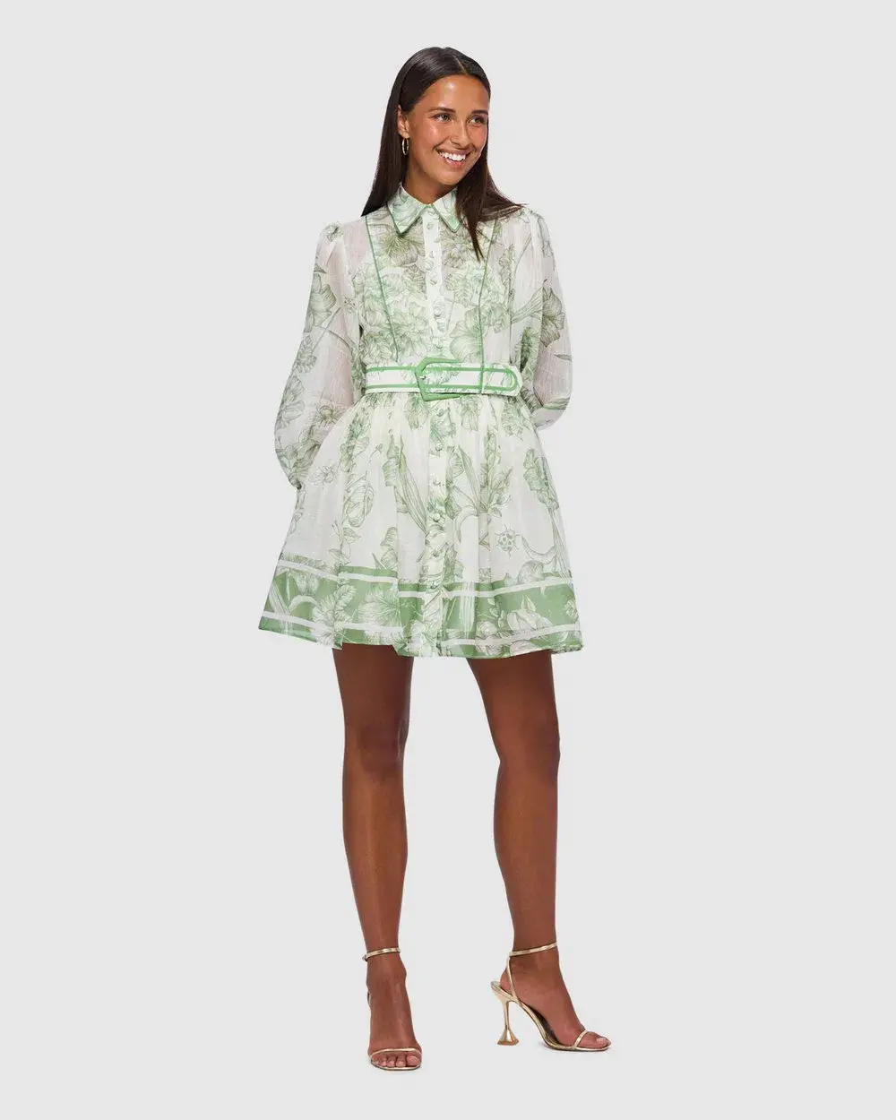 Leo Lin Cassandra Belted Mini Dress Harmony Print in Celadon Size AU 10 - Image 1