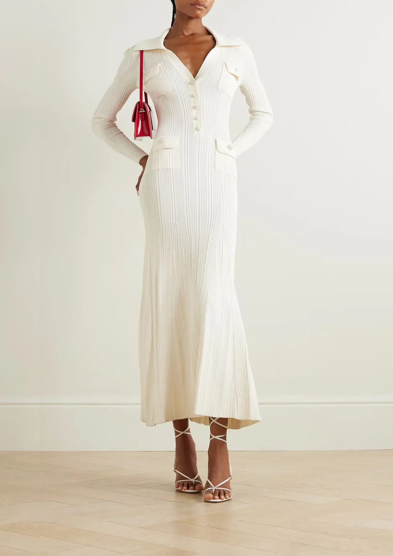 Self Portrait Embellished Ribbed Knit Maxi Dress Cream Size S / AU 8  - Image 1