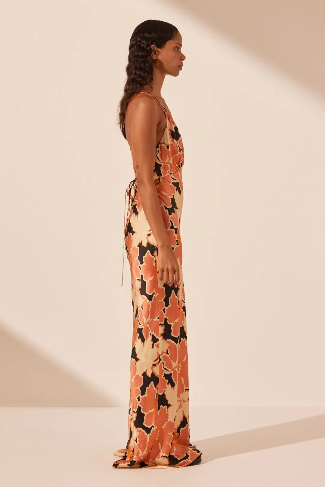 Shona Joy Rosa Silk Plunged Double Strap Maxi Dress Coral Pink Multi Size 10 for rent on The Volte - main image