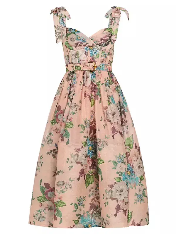 Zimmermann  Matchmaker Midi Dress Pink Barkcloth Floral Print  Size 2 / AU 12 for rent on The Volte - main image