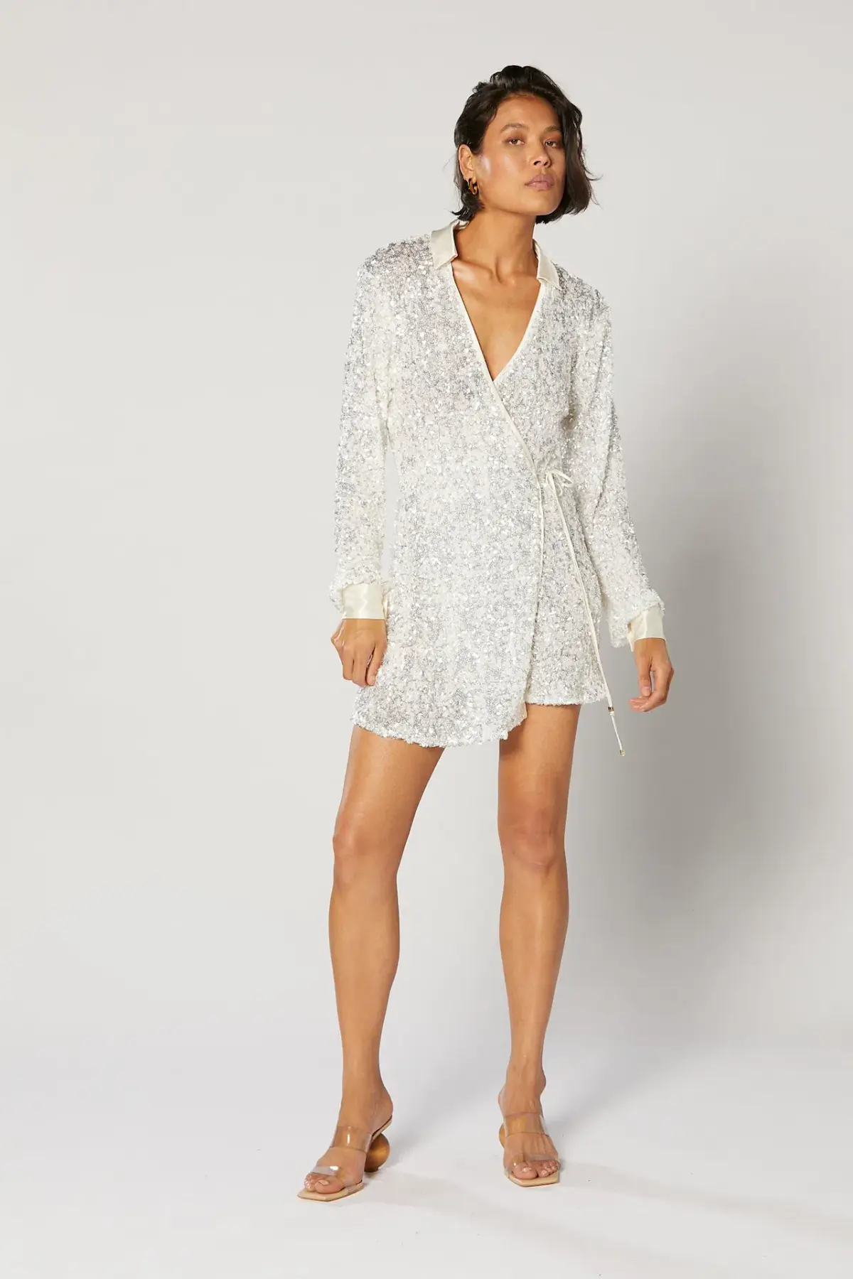 Winona Arissa Wrap Shirt Dress White Sequin Size 8 - Image 1
