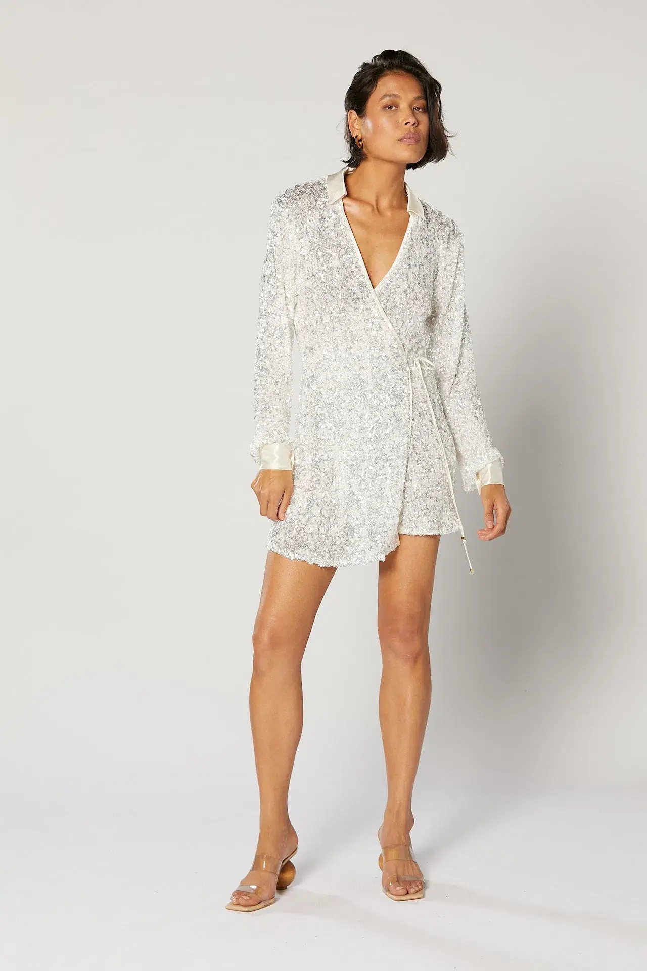 Winona Arissa Wrap Shirt Dress White Sequin Size 8 - Image 1