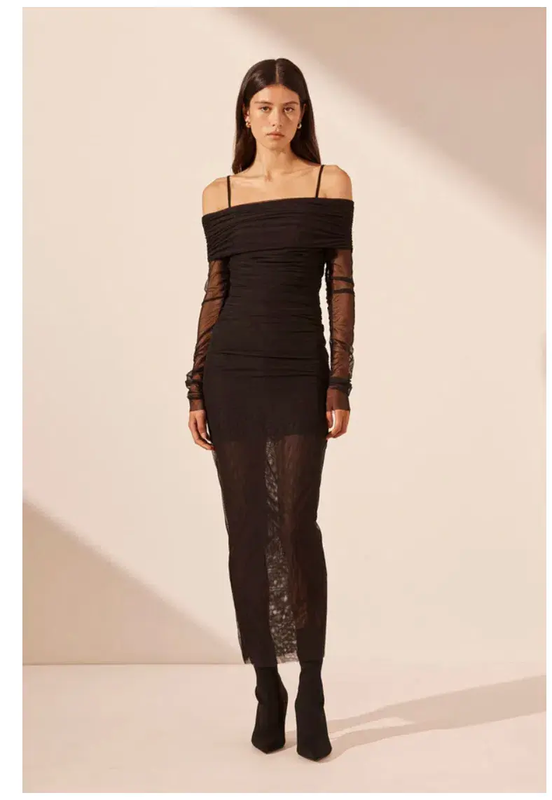 Shona Joy Mira Long Sleeve Off Shoulder Midi Dress Black Size 12 - Image 1