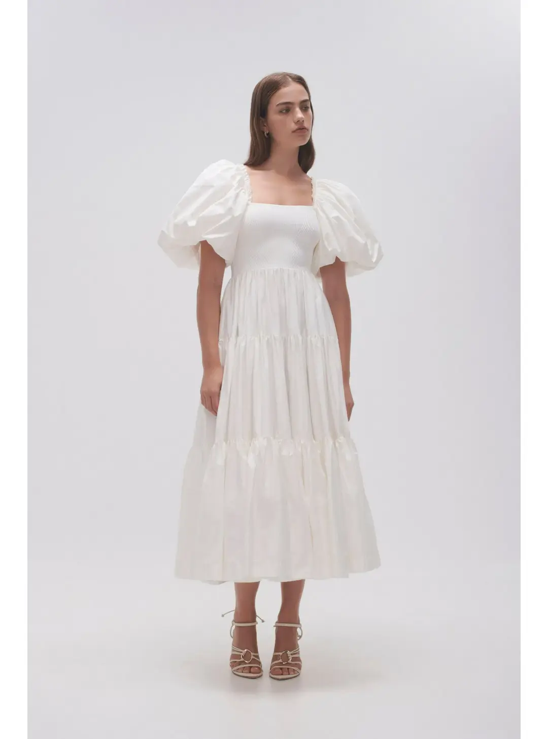 Aje Casa Puff Sleeve Midi Dress Ivory Size AU 10 for rent on The Volte - main image