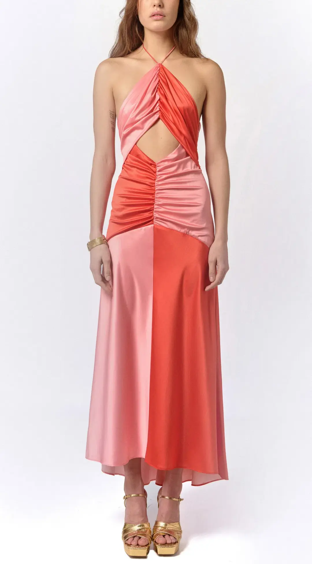 De La Vali Freya Halter Maxi Dress Pink/Red Size 8 for rent on The Volte - main image