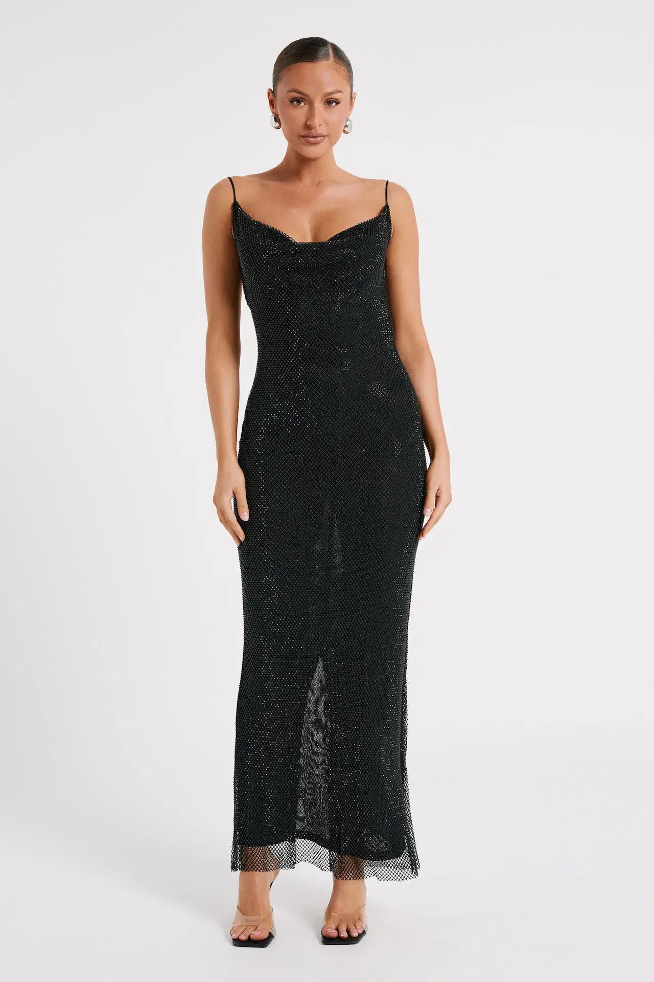 Meshki Madelaine Diamante Mesh Cowl Maxi Dress Black Size M / AU 10 - Image 1