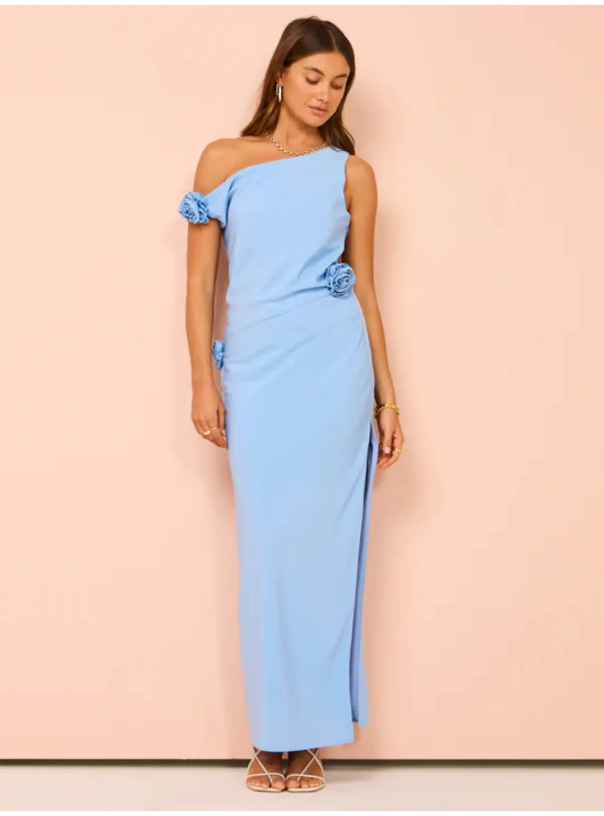 Issy Off Shoulder Flower Maxi Dress In Blue Size AU 12 - Image 1