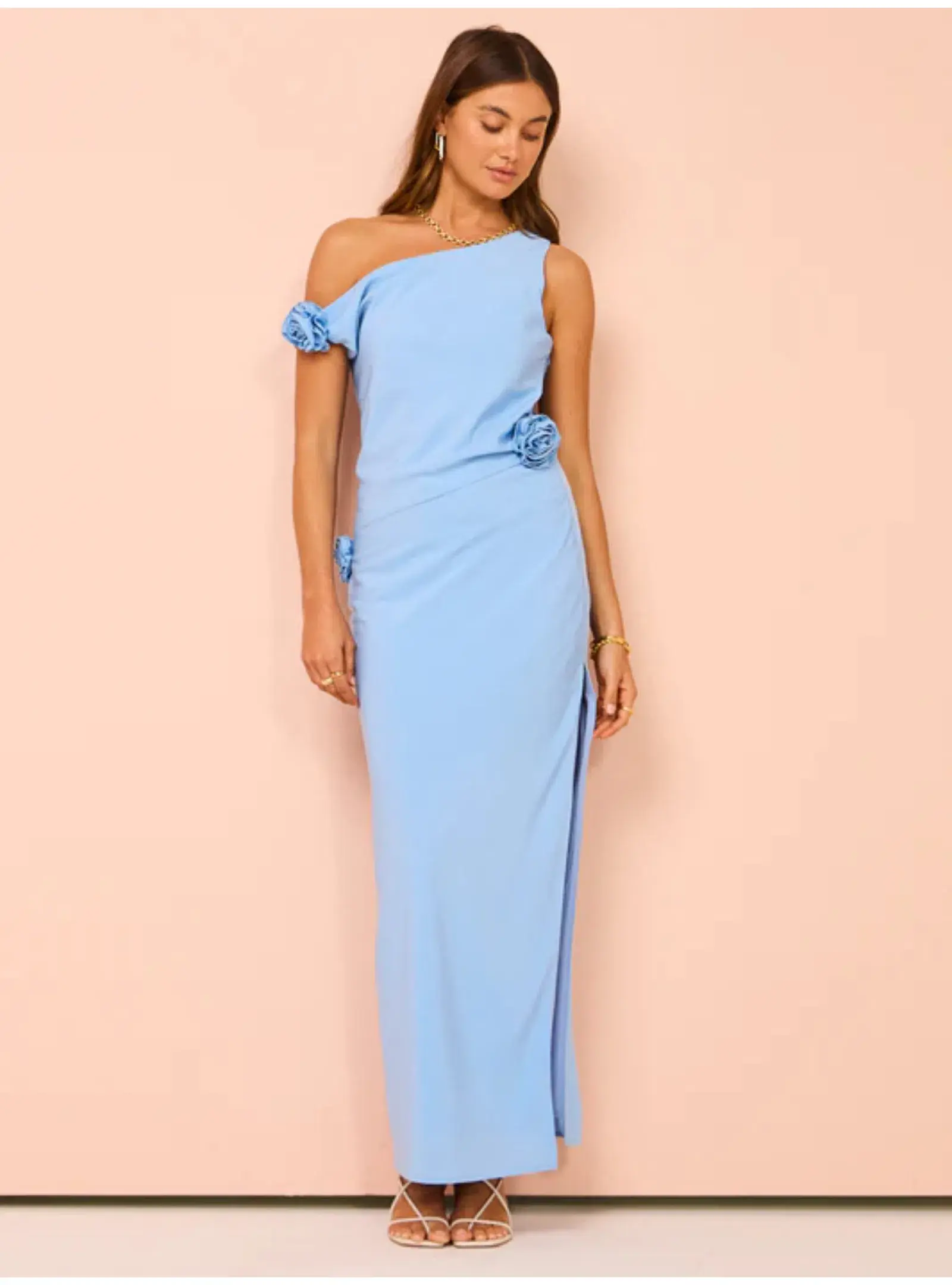Issy Off Shoulder Flower Maxi Dress In Blue Size AU 12 - Image 1