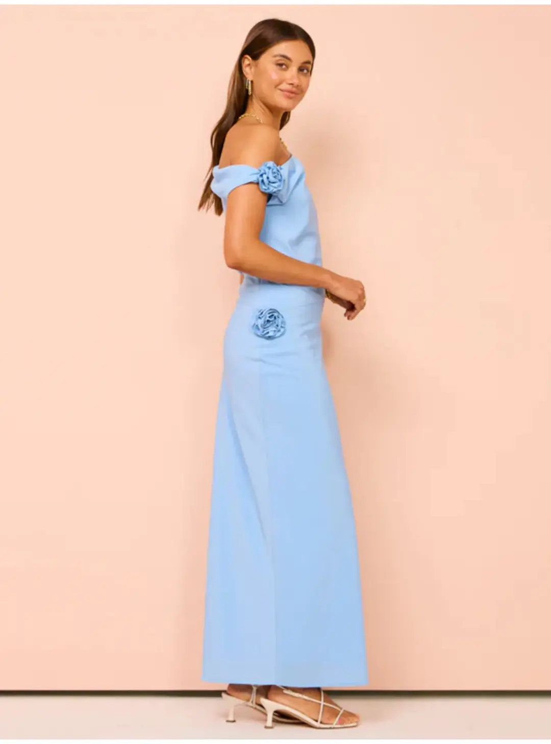 Issy Off Shoulder Flower Maxi Dress In Blue Size AU 12 for rent on The Volte - main image