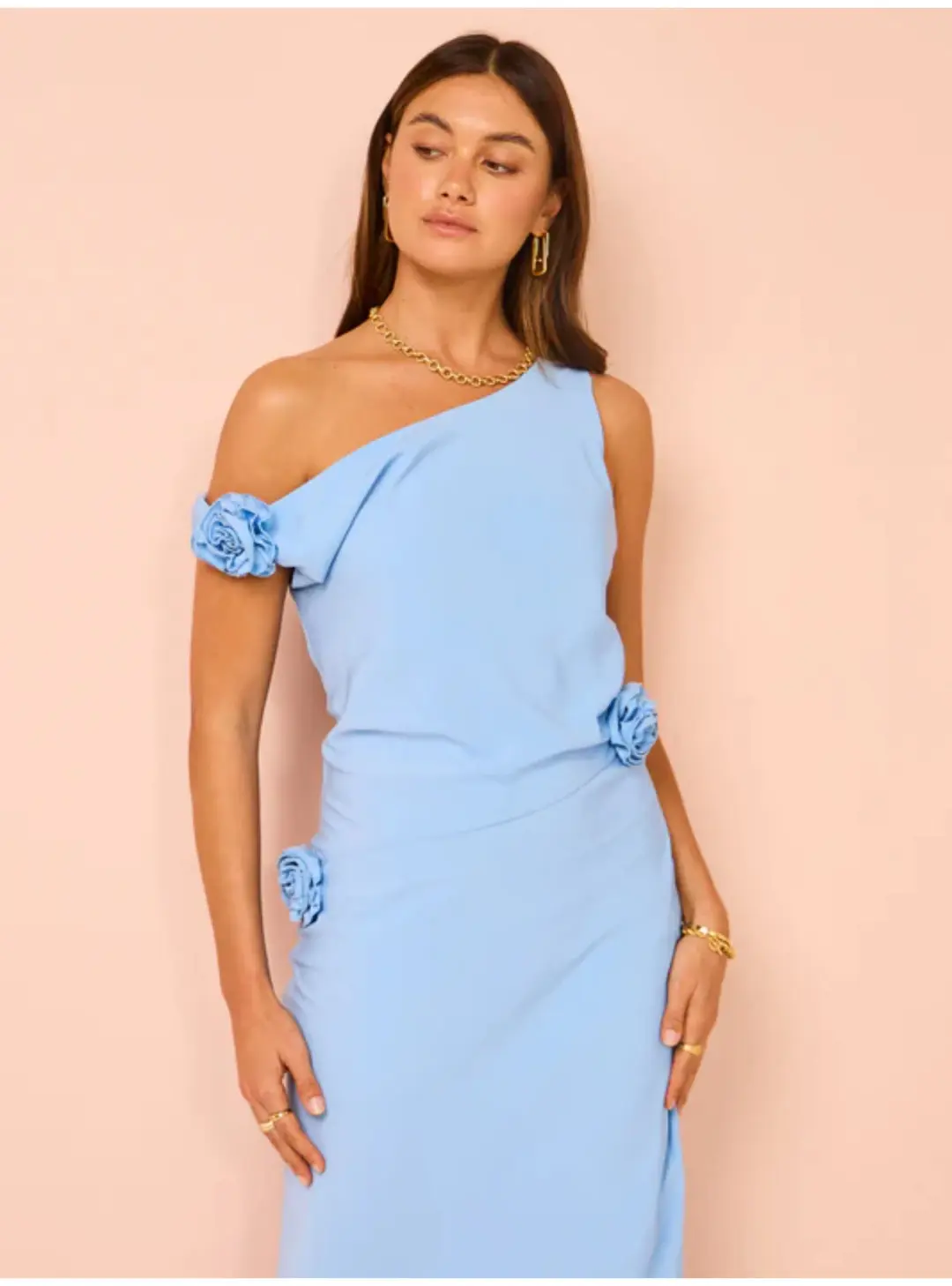 Issy Off Shoulder Flower Maxi Dress In Blue Size AU 12 for rent on The Volte - main image