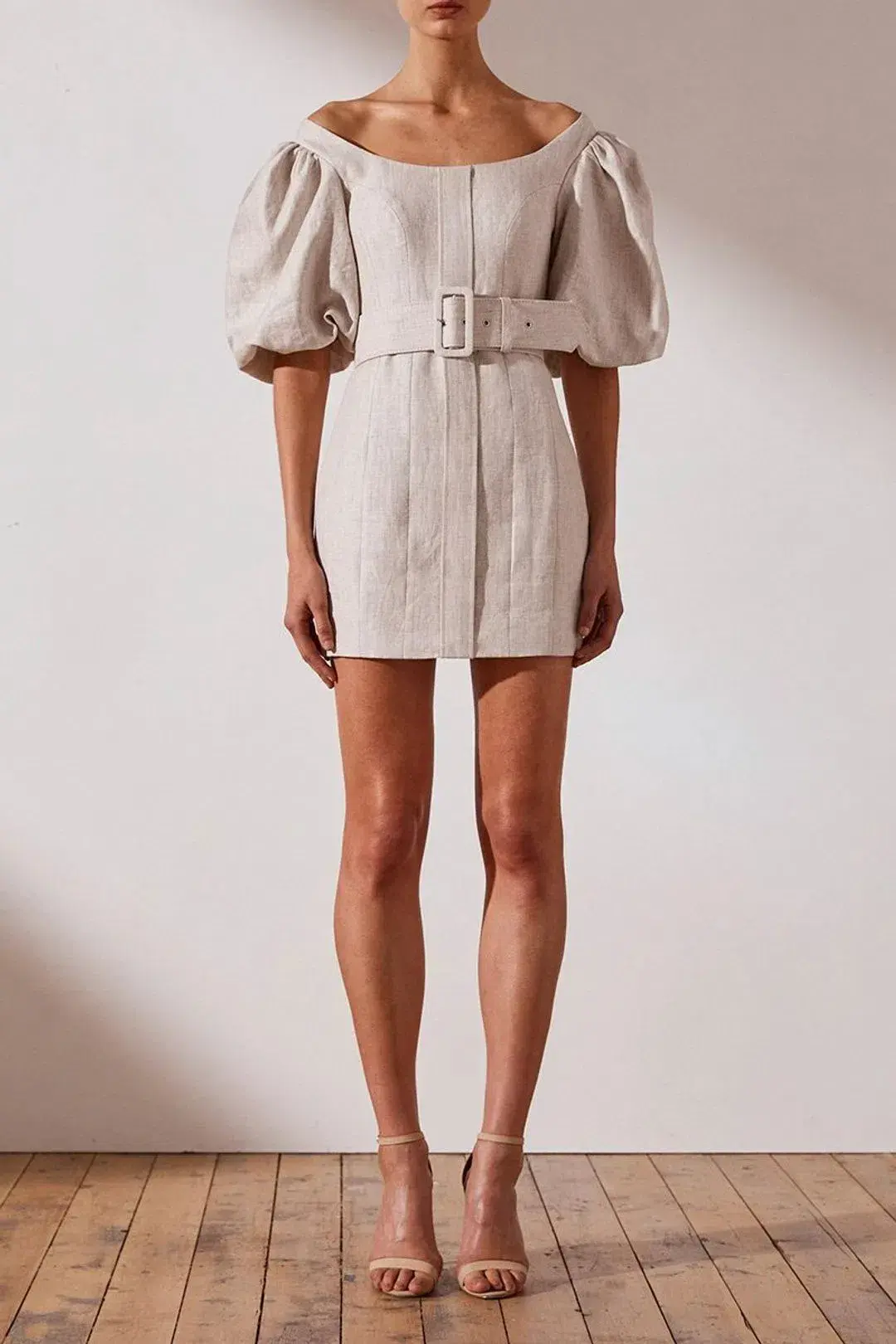 Shona Joy Hamilton Off The Shoulder Fitted Mini Dress Natural Stone Size 10 - Image 2