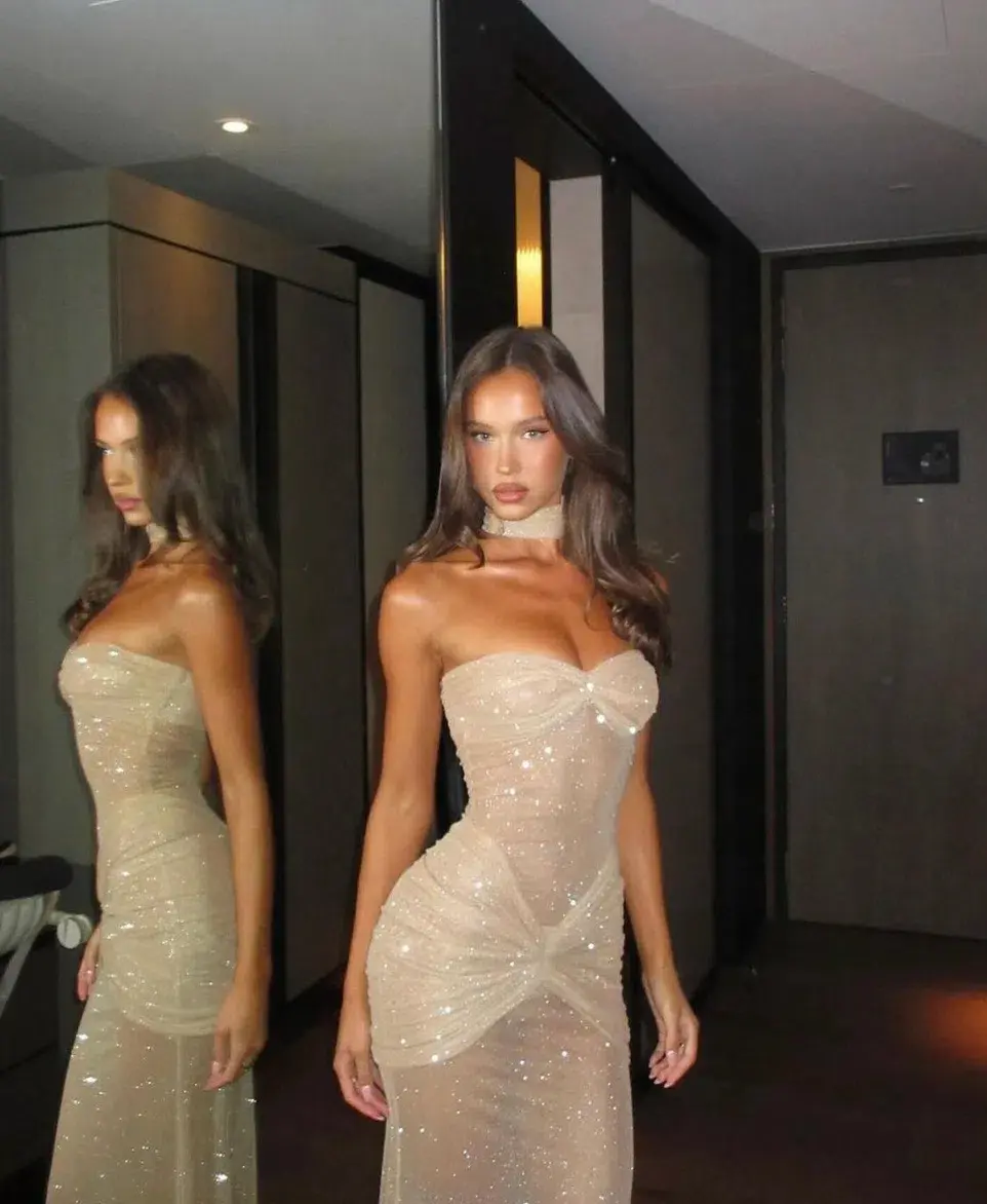Mirror Palais The Starlite Glitter Mesh Dress Beige Size 6 - Image 2