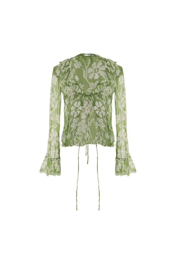 Ranaco Atelier Front Tie Blouse Moss Green One Size - Image 4