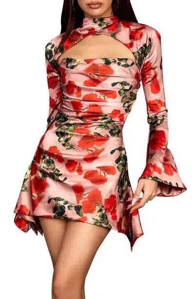 House of CB Toira Rose Print Draped Corset Mini Dress Multicoloured Size L/Au 14 - Image 2