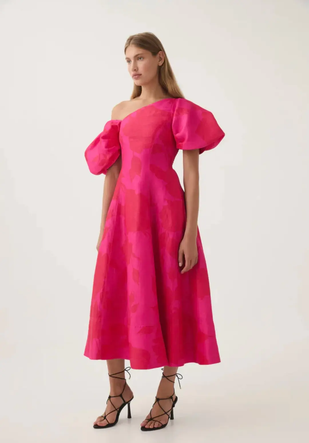 AJE Arista Tulip Sleeve Midi Dress in Florescent Rose Size 16 for rent on The Volte - main image