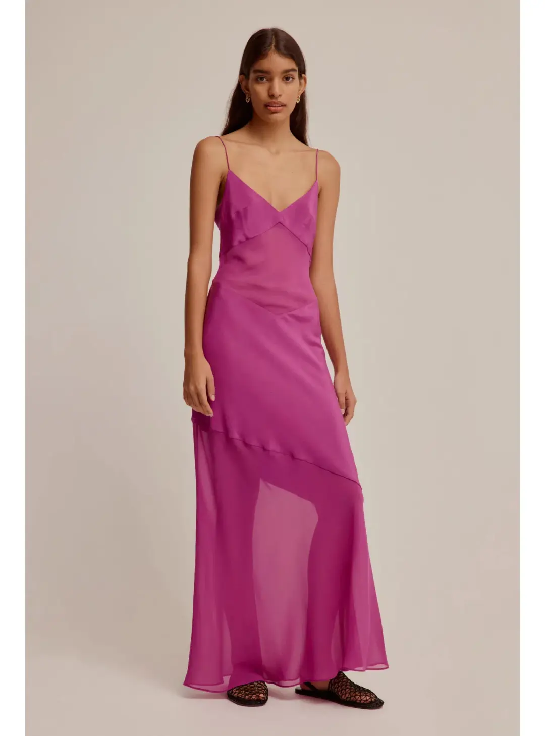Venroy Sheer Panelled Silk Slip Dress in Mulberry Size AU 8 for rent on The Volte - main image