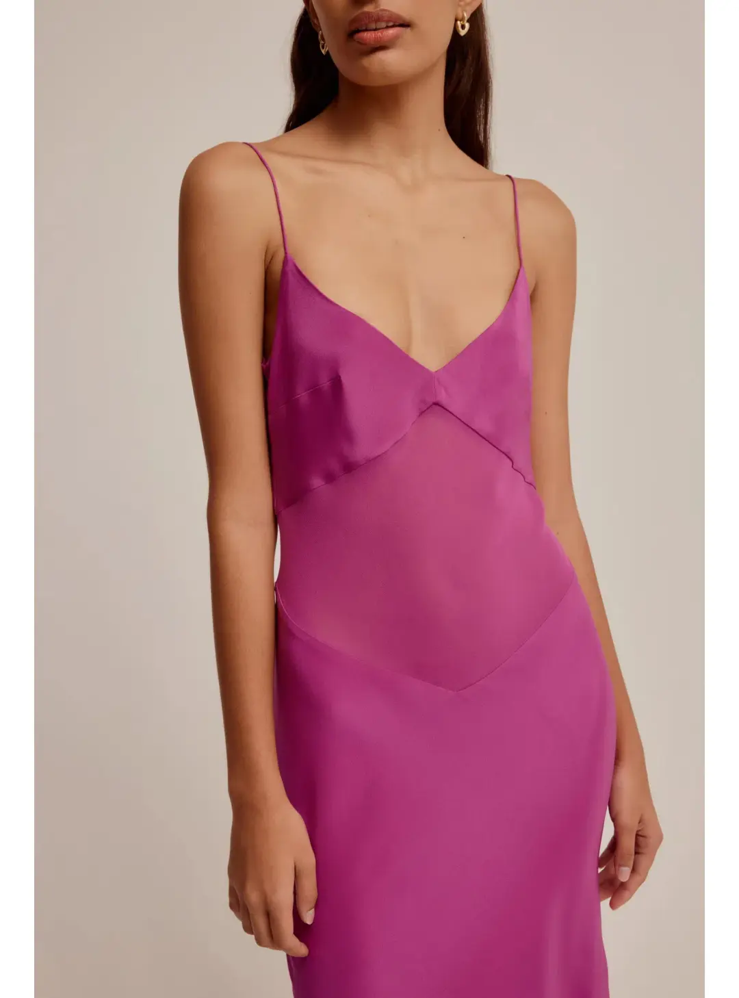 Venroy Sheer Panelled Silk Slip Dress in Mulberry Size AU 8 for rent on The Volte - main image