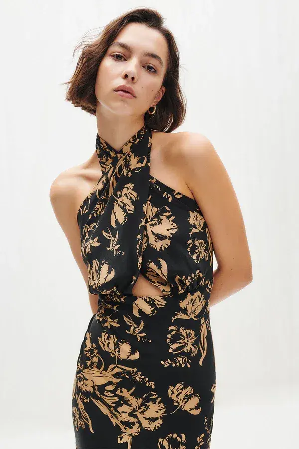 Shona Joy Dawn Silk Cross Front Halter Bias Midi Dress Floral Size 8 - Image 2
