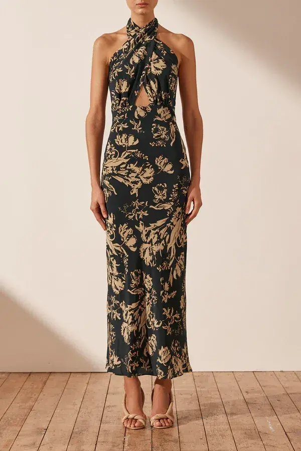Shona Joy Dawn Silk Cross Front Halter Bias Midi Dress Floral Size 8 - Image 5