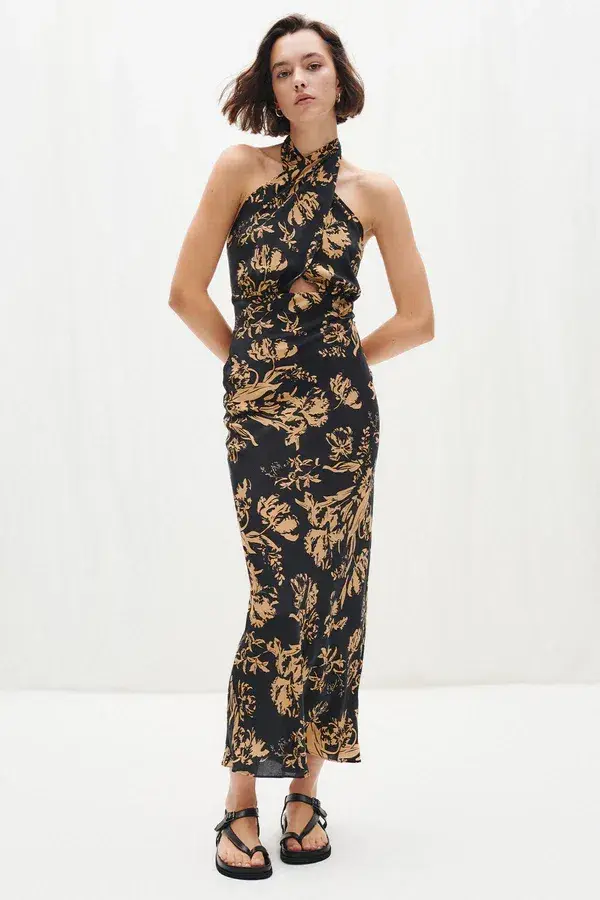 Shona Joy Dawn Silk Cross Front Halter Bias Midi Dress Floral Size 8 - Image 6