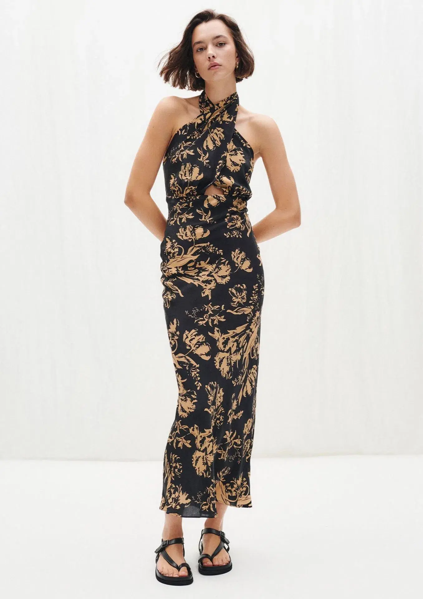Shona Joy Dawn Silk Cross Front Halter Bias Midi Dress Floral Size 8 - Image 1