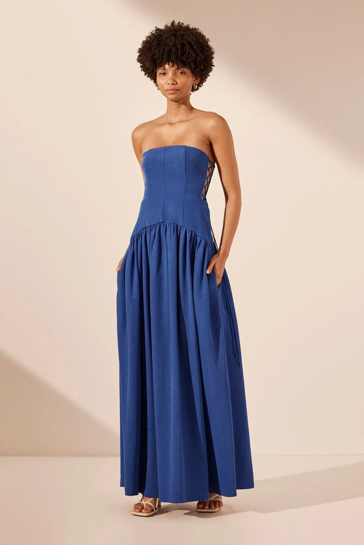 Shona Joy Vento Lace Up Strapless Maxi Dress Cobalt Blue Size 12  - Image 1