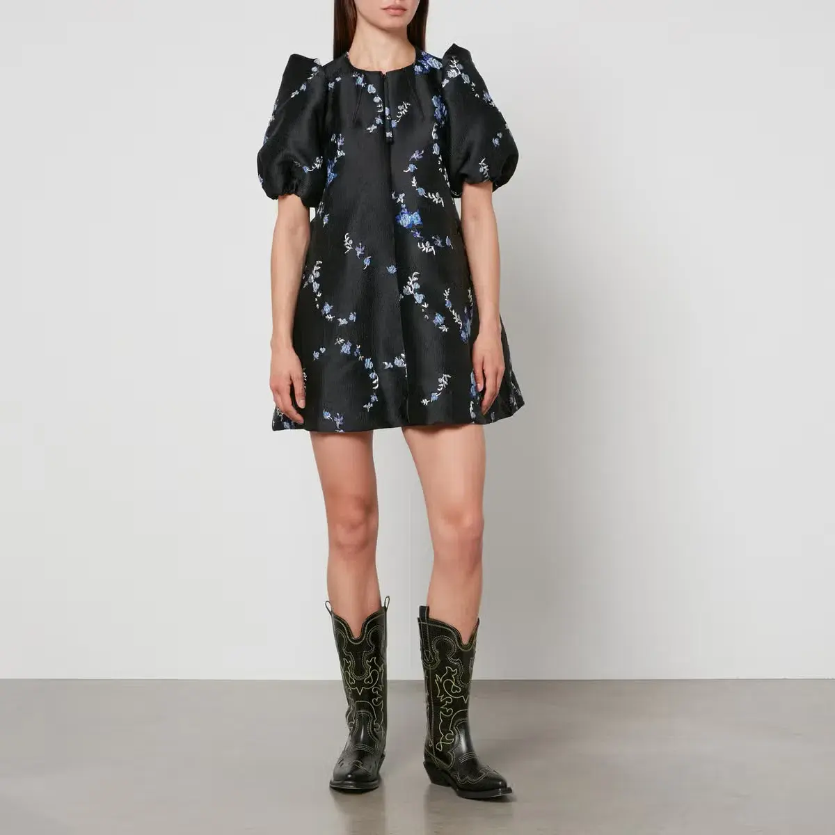 Ganni Floral-Jacquard Mini Dress Black Print Size AU 12 - Image 1