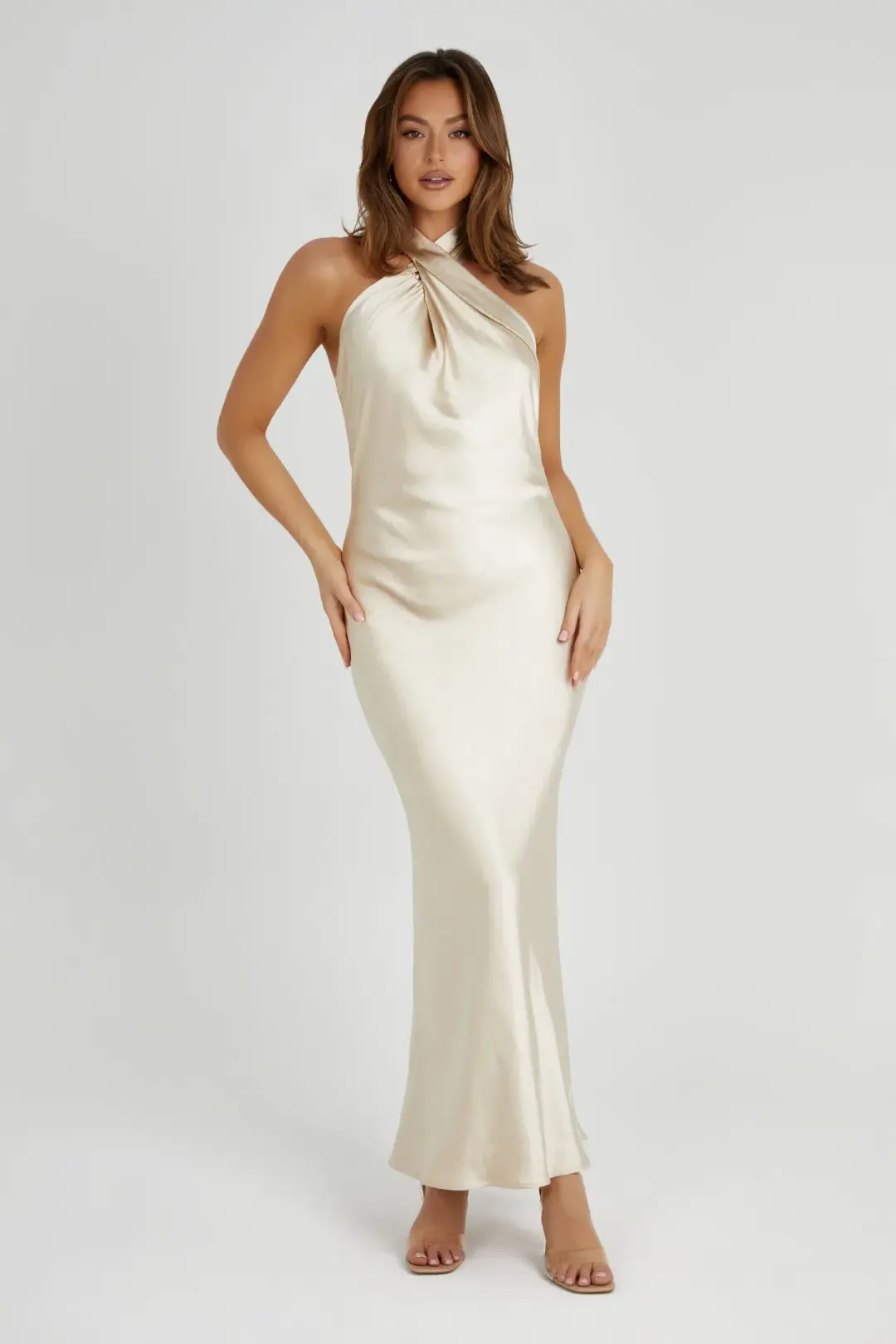 Meshki Laura Halter Satin Gown in Gold Size S / AU 8 for rent on The Volte - main image