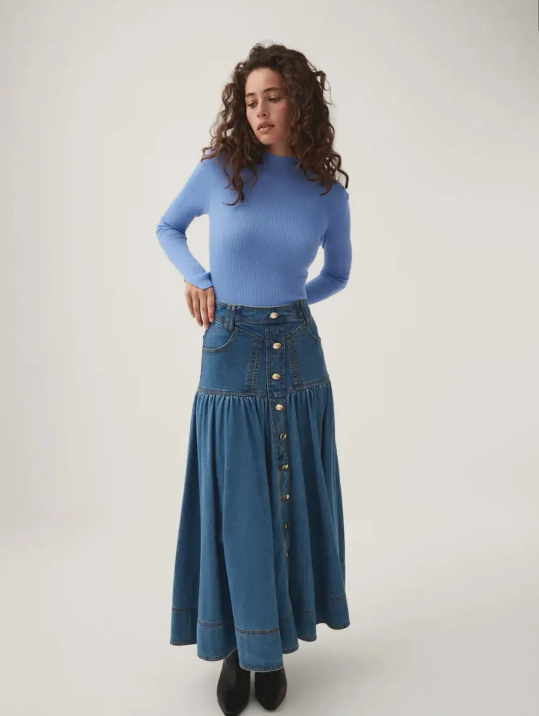 Aje Belmond Denim Midi Skirt 90's Wash Size 16 for rent on The Volte - main image