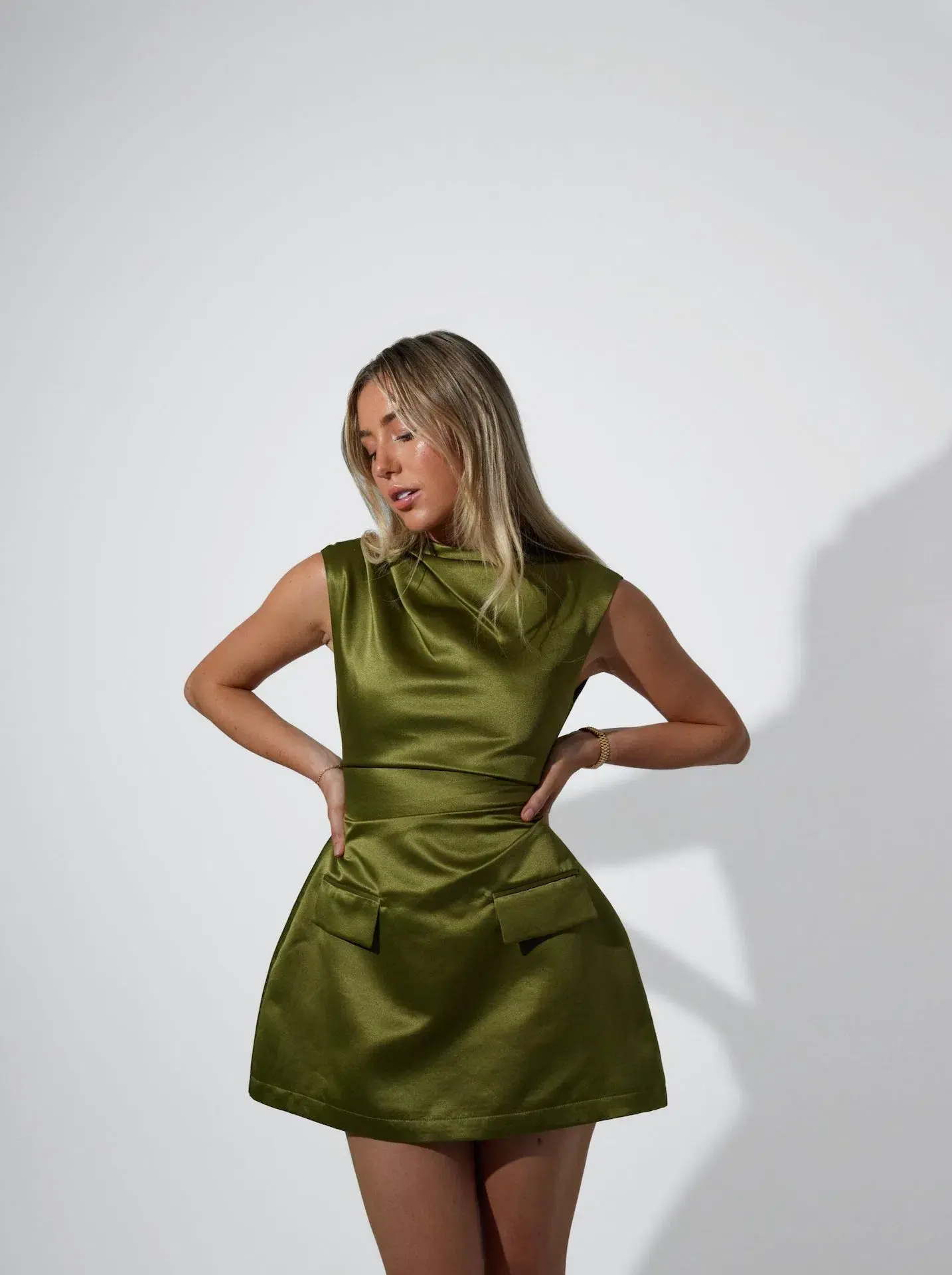 Odd Muse The Ultimate Muse Satin Straight Neck Mini Dress Olive Size 8 - Image 1