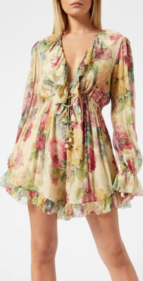 Zimmermann Melody Floating Playsuit Taupe Floral Size 6 for rent on The Volte - main image