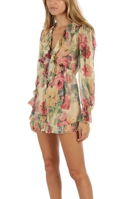 Zimmermann Melody Floating Playsuit Taupe Floral Size 6 for rent on The Volte - main image