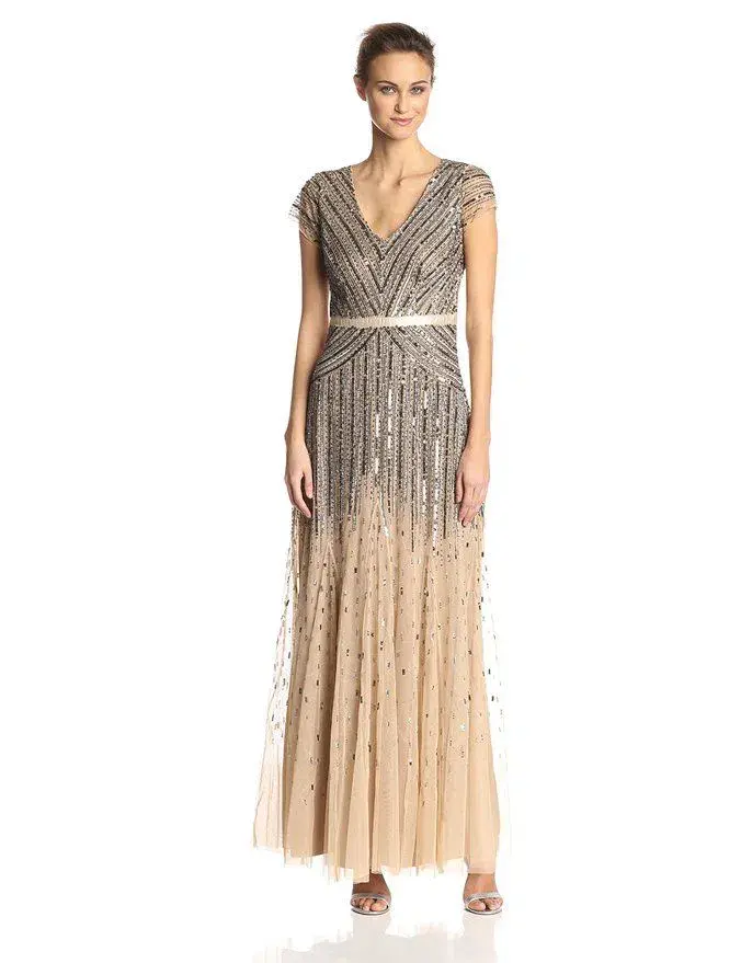 Adrianna Papell Sequinned V-Neck Cap Sleeve Gown - Gold - Size 16 - Image 2