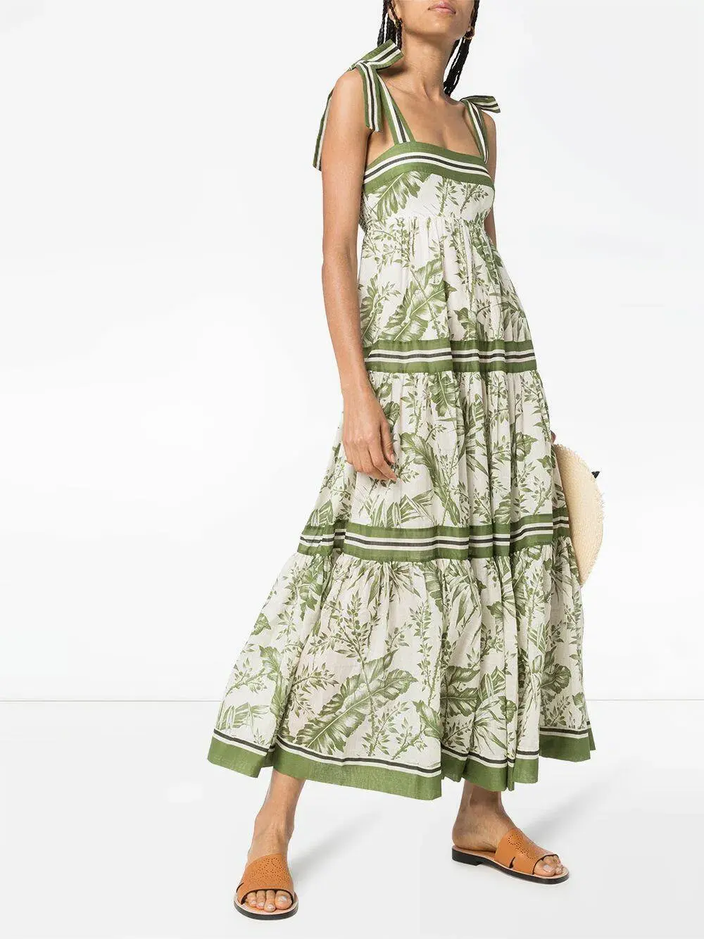 Zimmermann Empire Tie Shoulder Dress Palm Print Green Size 0 / AU 8 - Image 1