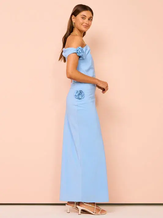 Issy Off Shoulder Flower Maxi Dress in Blue Size 12 - Image 2