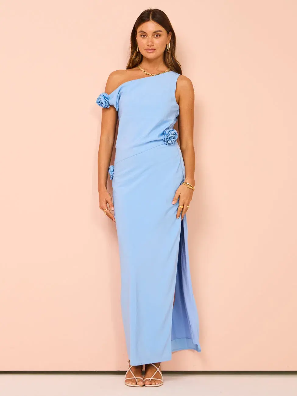 Issy Off Shoulder Flower Maxi Dress in Blue Size 12 - Image 1