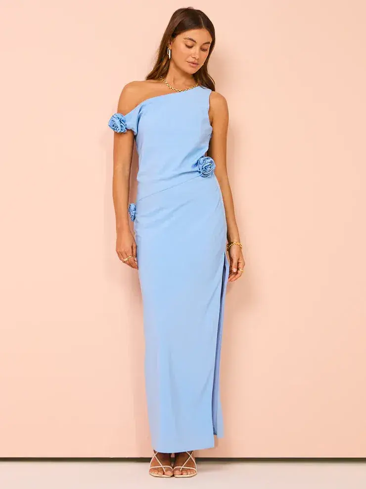 Issy Off Shoulder Flower Maxi Dress In Blue Size AU 12 - Image 1
