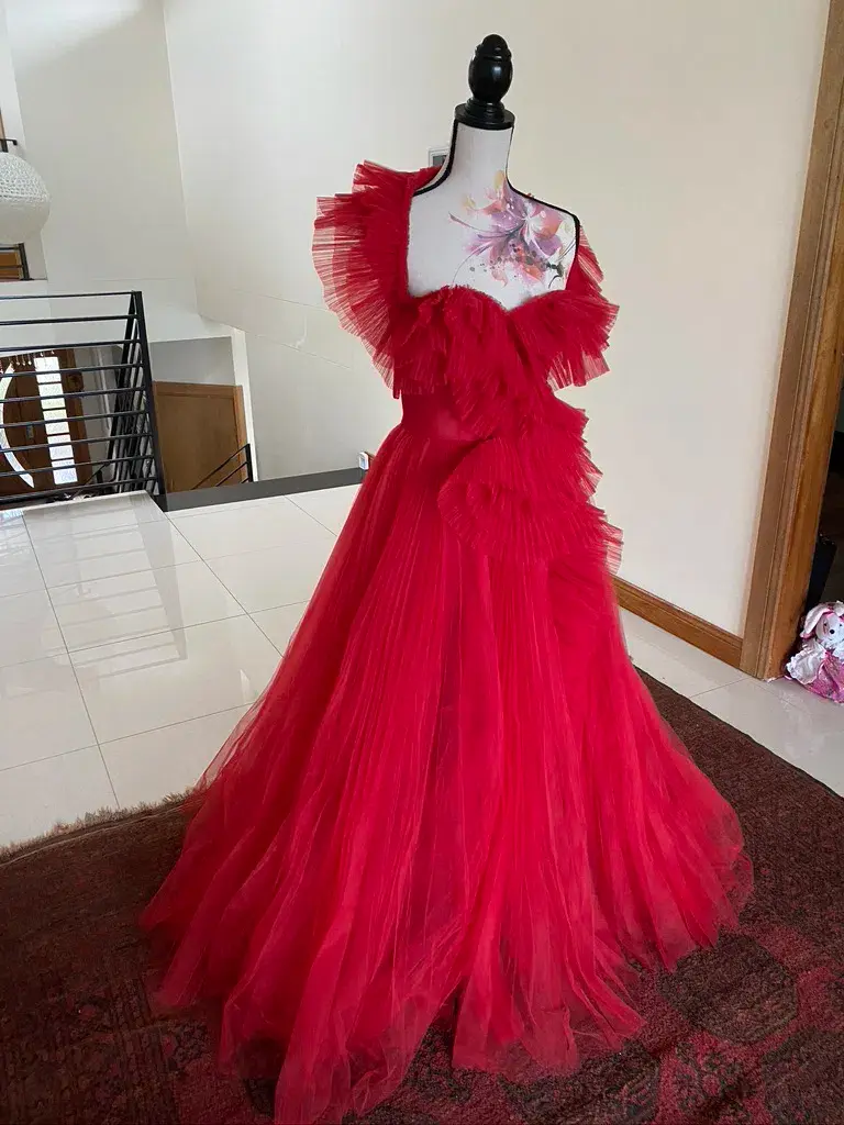 Tarik Ediz Patrice Tulle Gown Red Size 8 - Image 4