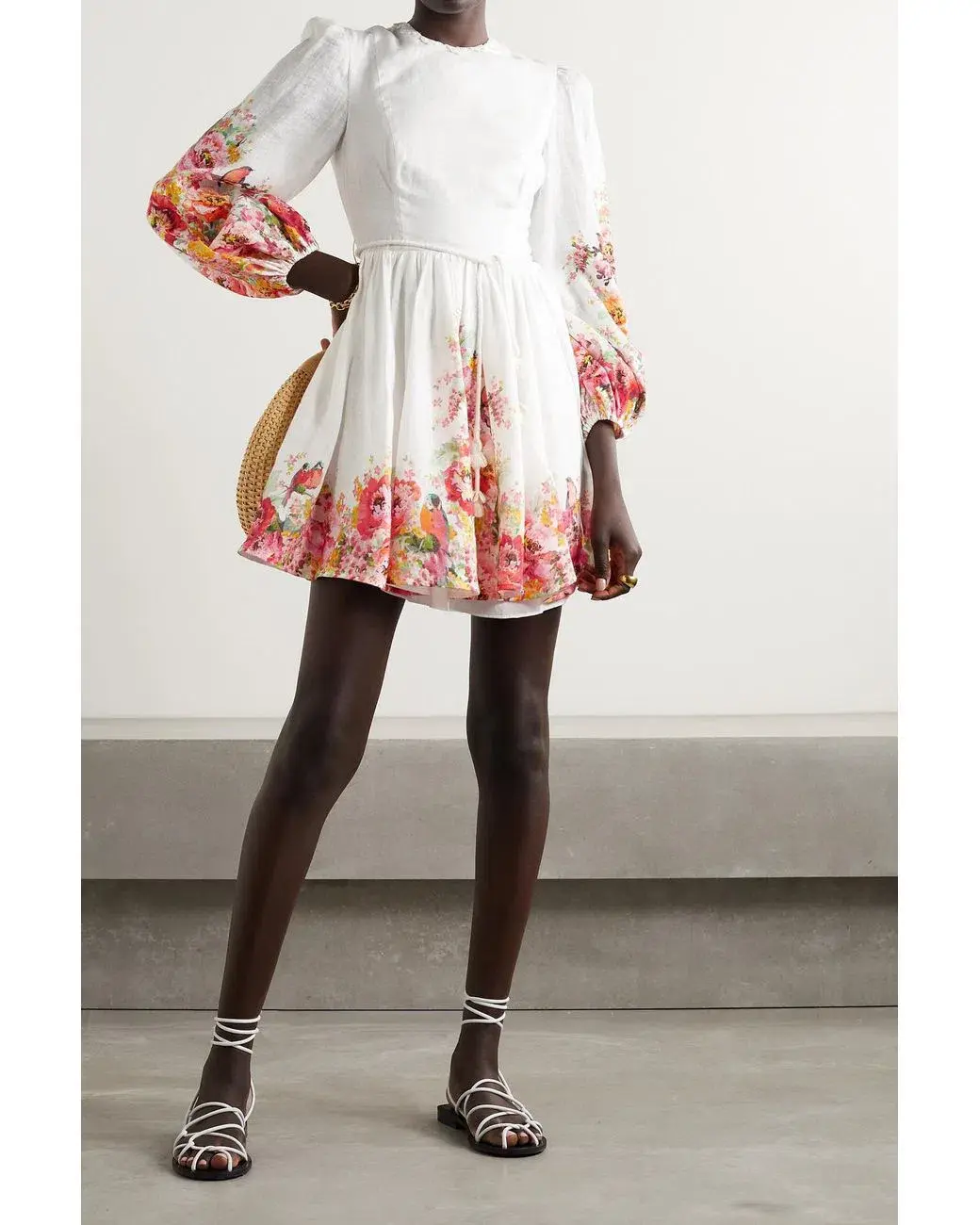 Zimmermann Mae Embellished Floral Print Linen Mini Dress Ivory Size 0P / AUS 6P - Image 1