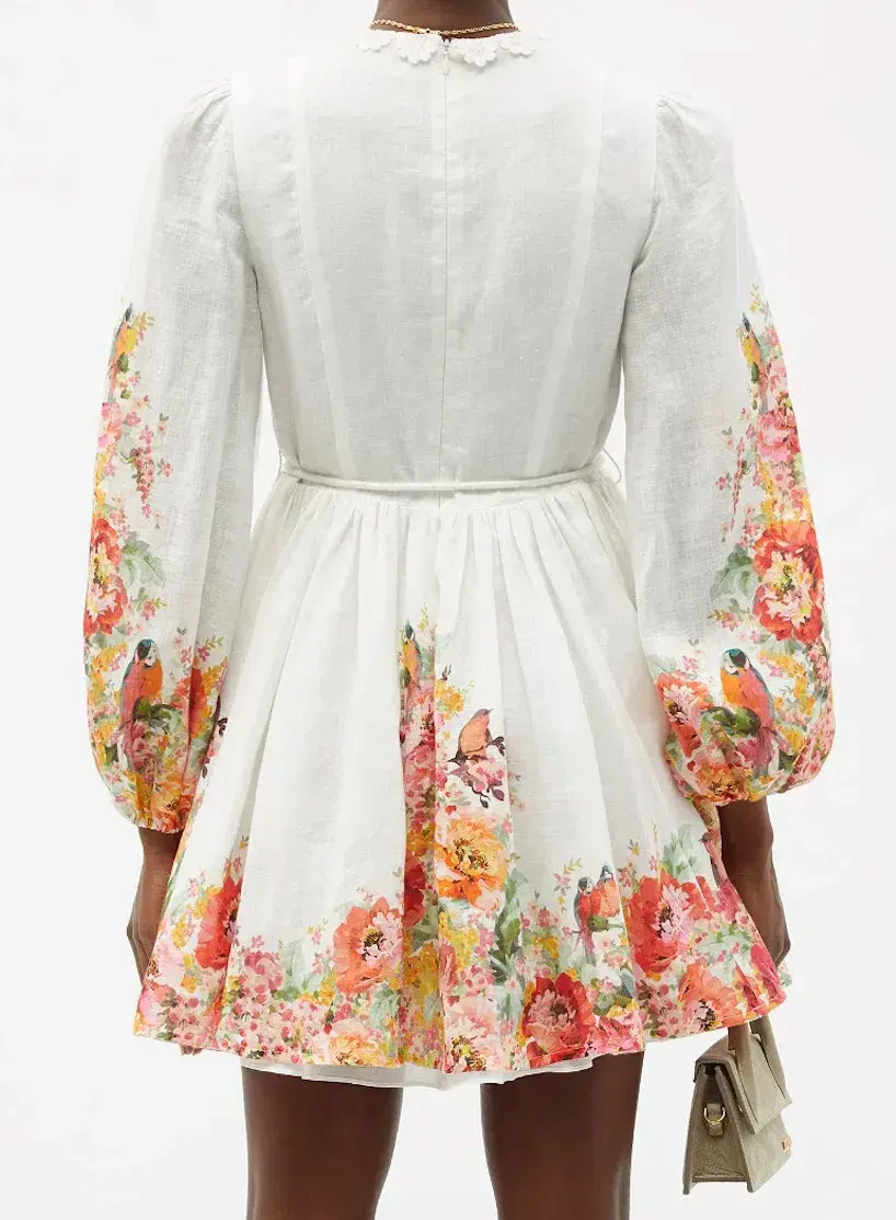 Zimmermann Mae Embellished Floral Print Linen Mini Dress Ivory Size 0P / AUS 6P for rent on The Volte - main image