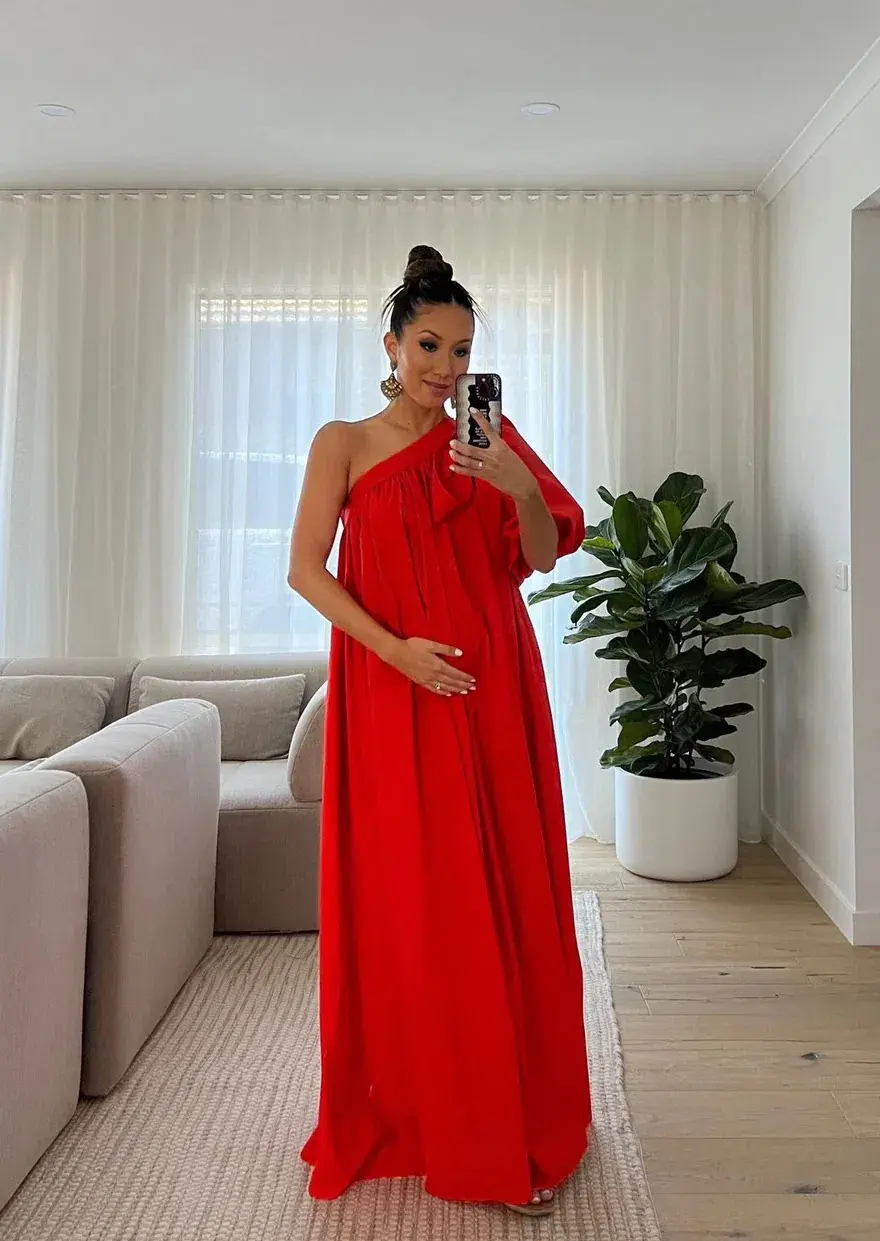 Oroton One Shoulder Bow Maxi Dress True Red 14 for rent on The Volte - main image