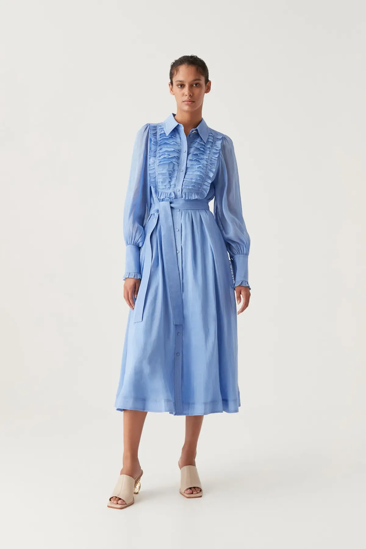 Aje Iris Pleated Bib Midi Dress in Mist Blue Size 16 - Image 1