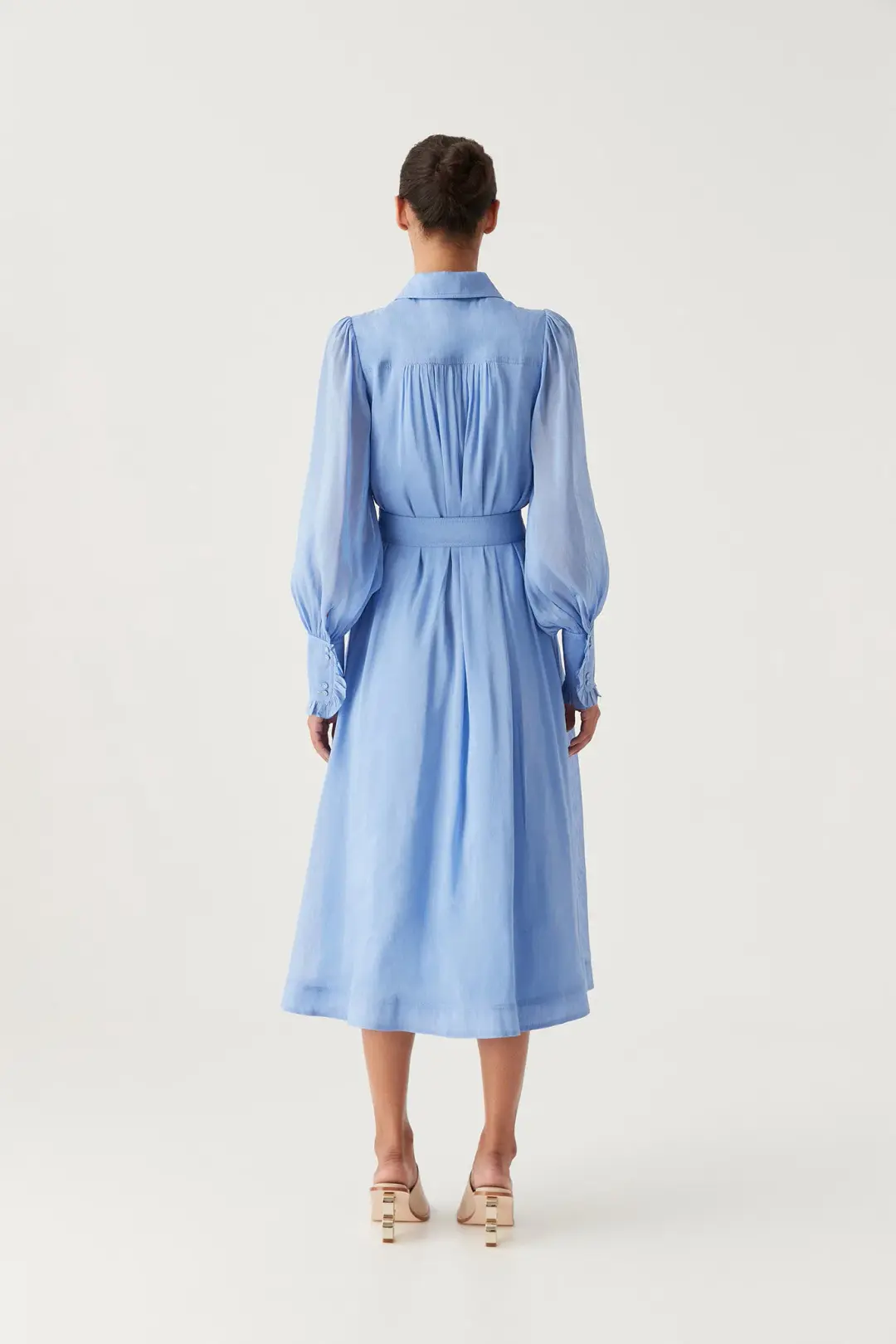 Aje Iris Pleated Bib Midi Dress in Mist Blue Size 16 for rent on The Volte - main image