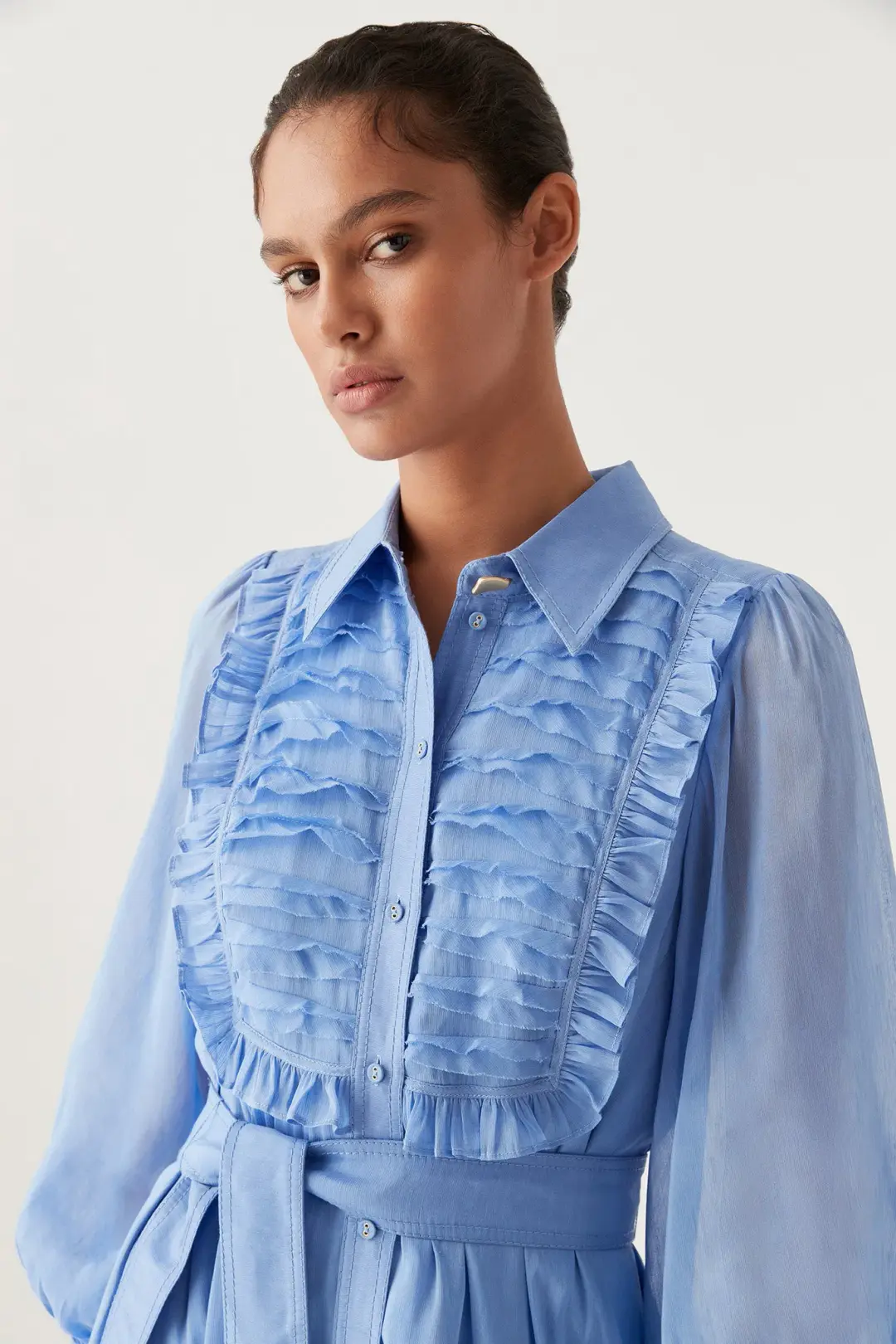 Aje Iris Pleated Bib Midi Dress in Mist Blue Size 16 for rent on The Volte - main image