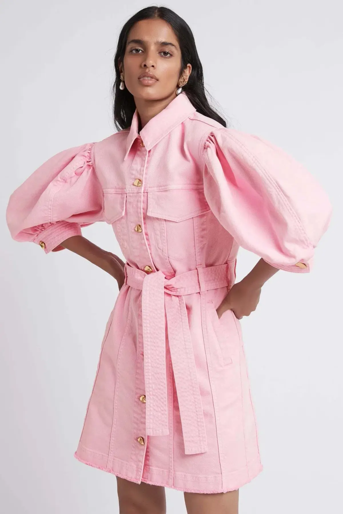 Aje Triada Button Denim Puff Sleeve Mini Dress Pink Size AU 14 - Image 2