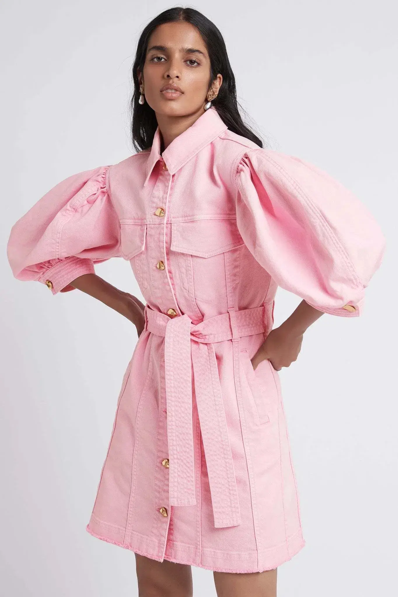 Aje Triada Button Denim Puff Sleeve Mini Dress Pink Size AU 14 - Image 2